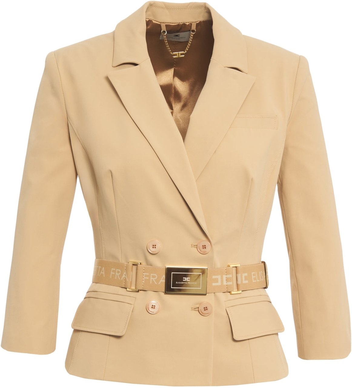 Elisabetta Franchi Double-breasted blazer with waist belt Beige