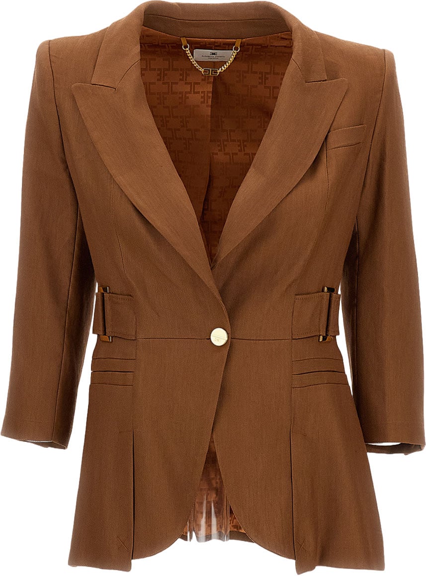 Elisabetta Franchi Linen-Blend Jacket with Gold Metallic Details Bruin