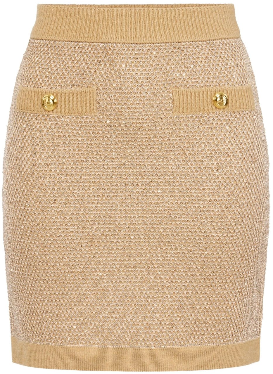 Elisabetta Franchi Beige Textured Knitted Button Mini Skirt Neutraal