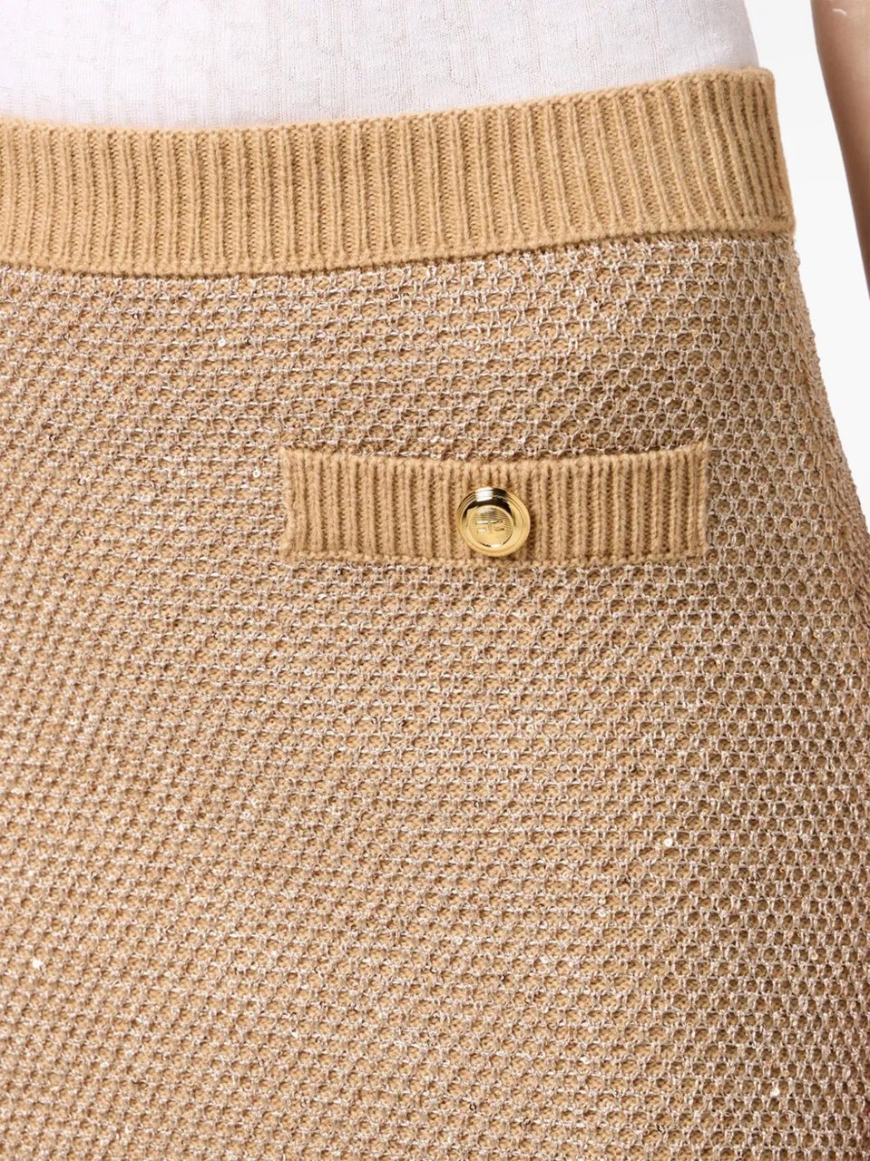 Elisabetta Franchi Beige Textured Knitted Button Mini Skirt Neutraal