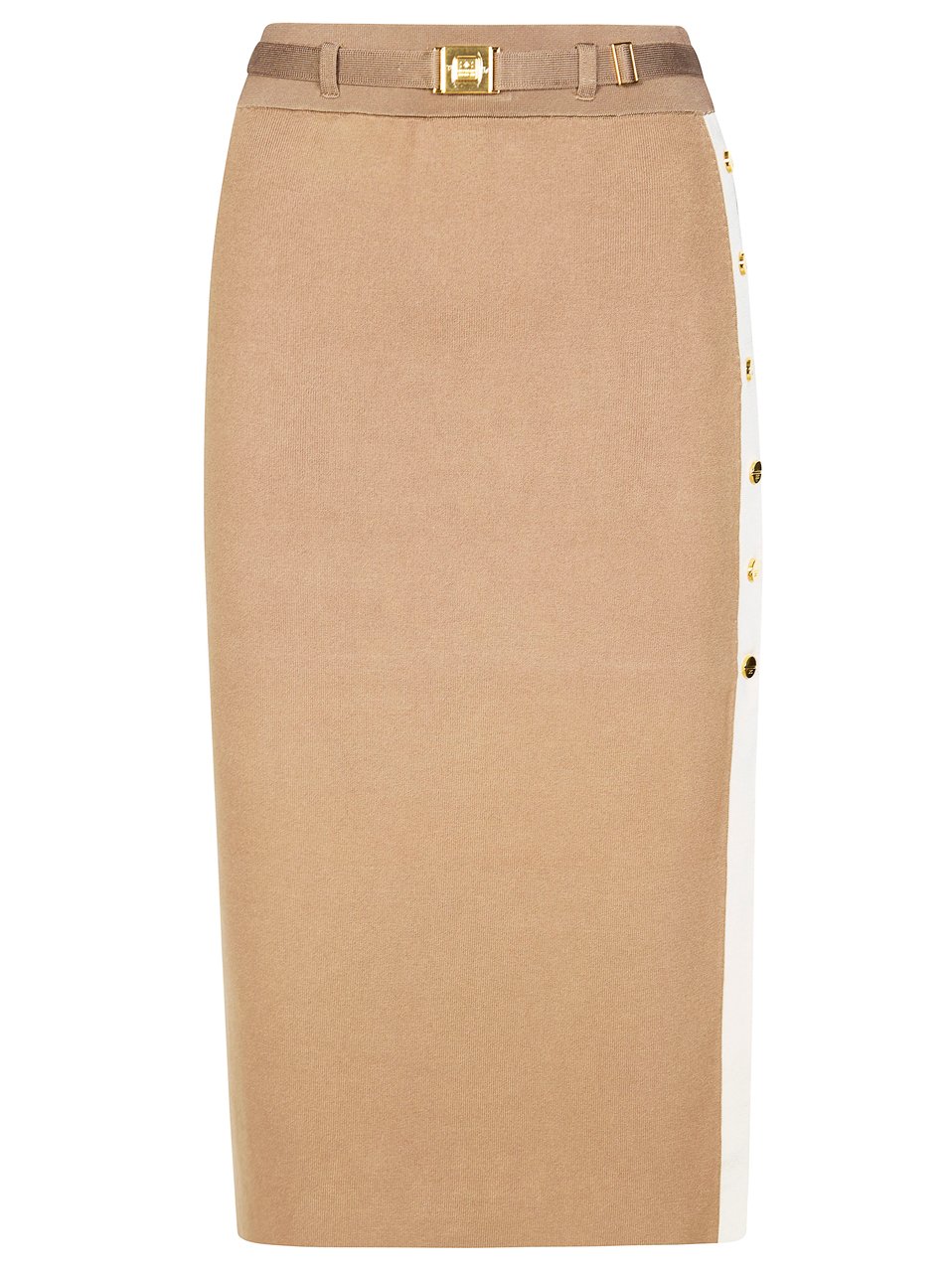 Elisabetta Franchi Fitted Midi Gold Buttons Knit Skirt Neutraal