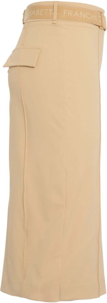 Elisabetta Franchi Midi skirt with logo belt Beige