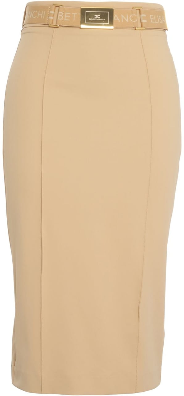 Elisabetta Franchi Midi skirt with logo belt Beige