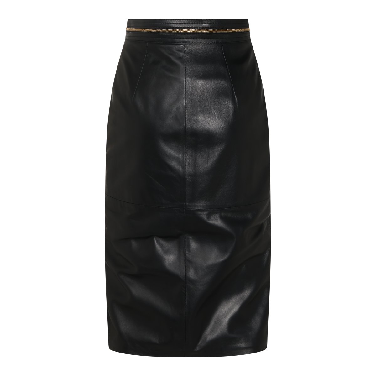 Elisabetta Franchi Knee-Length Black Leather Skirt with Gold Zipper Accents Zwart