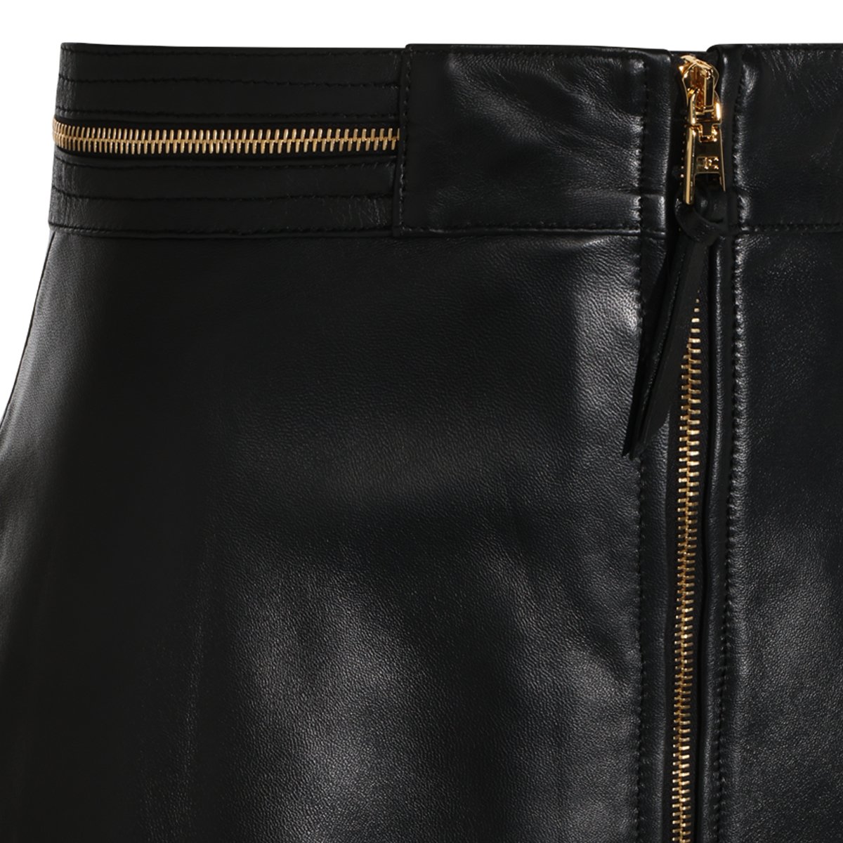 Elisabetta Franchi Knee-Length Black Leather Skirt with Gold Zipper Accents Zwart