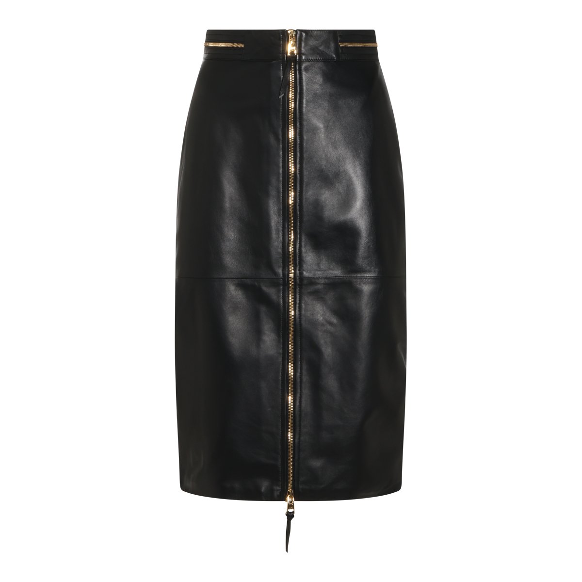 Elisabetta Franchi Knee-Length Black Leather Skirt with Gold Zipper Accents Zwart