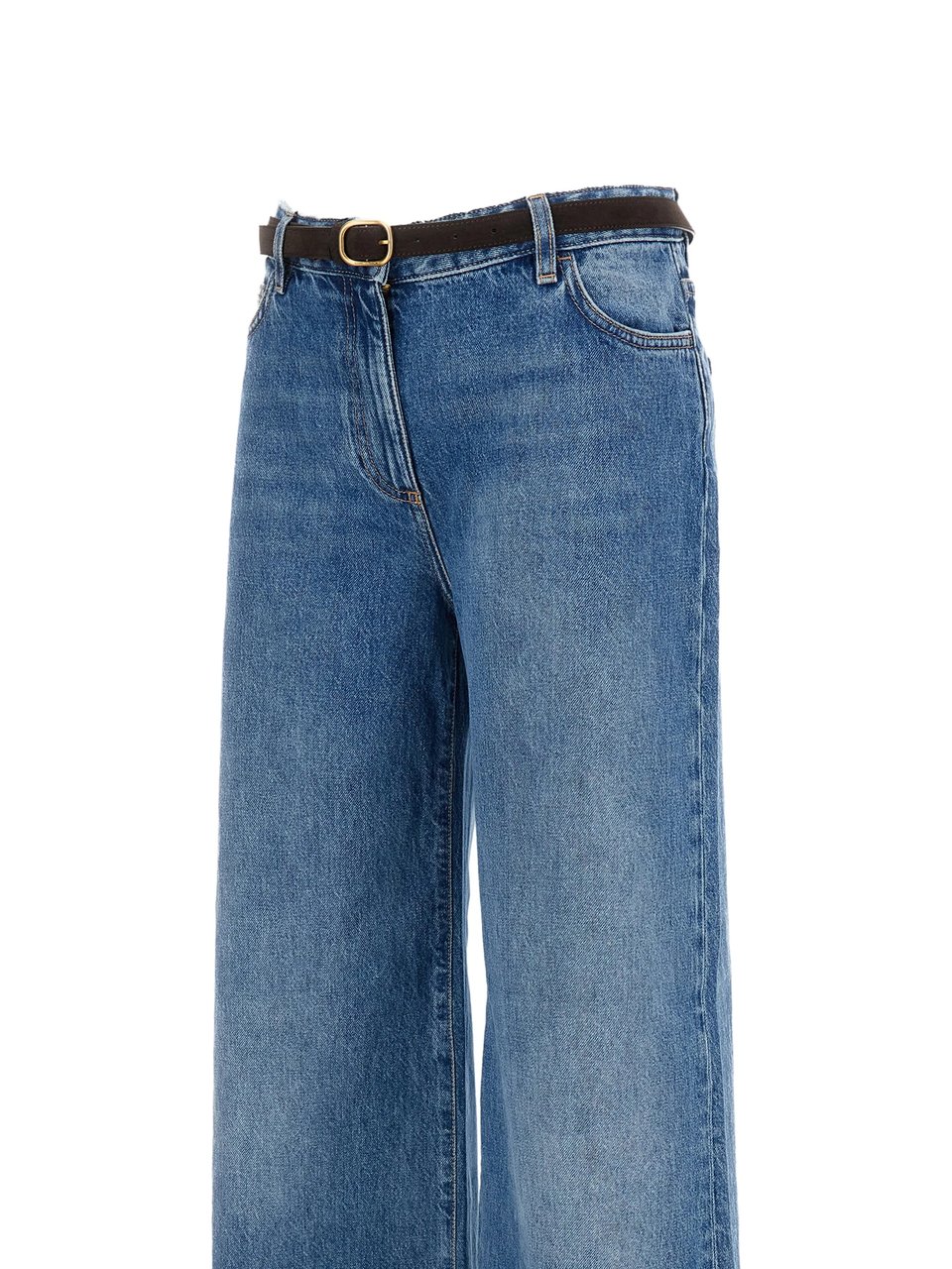Elisabetta Franchi High-Waisted Wide-Leg Jeans With Gold Buckle Belt Blauw