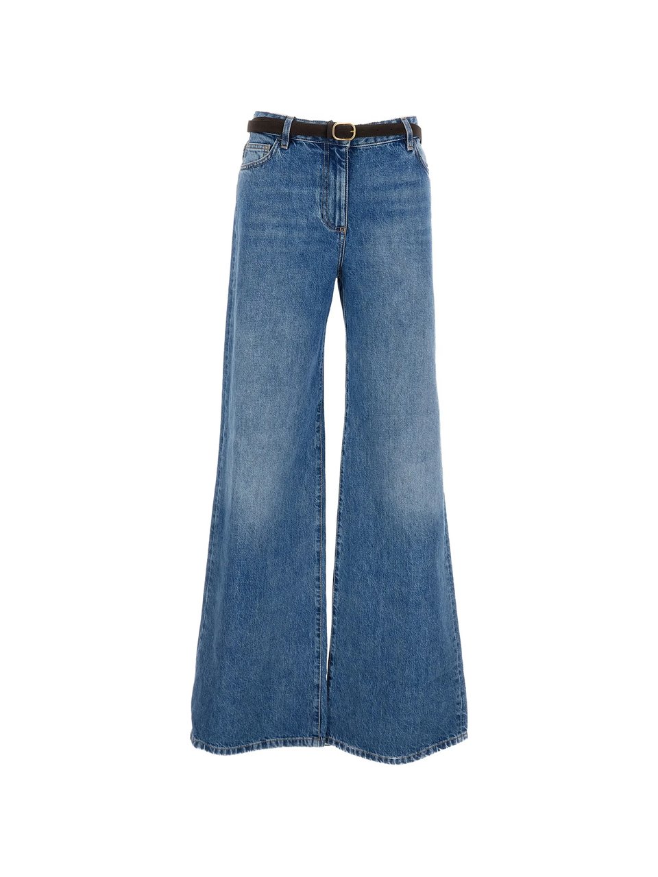 Elisabetta Franchi High-Waisted Wide-Leg Jeans With Gold Buckle Belt Blauw