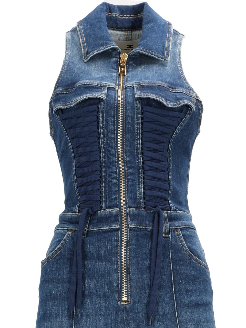 Elisabetta Franchi Fitted Bodice Ruched Denim Jumpsuit Groen