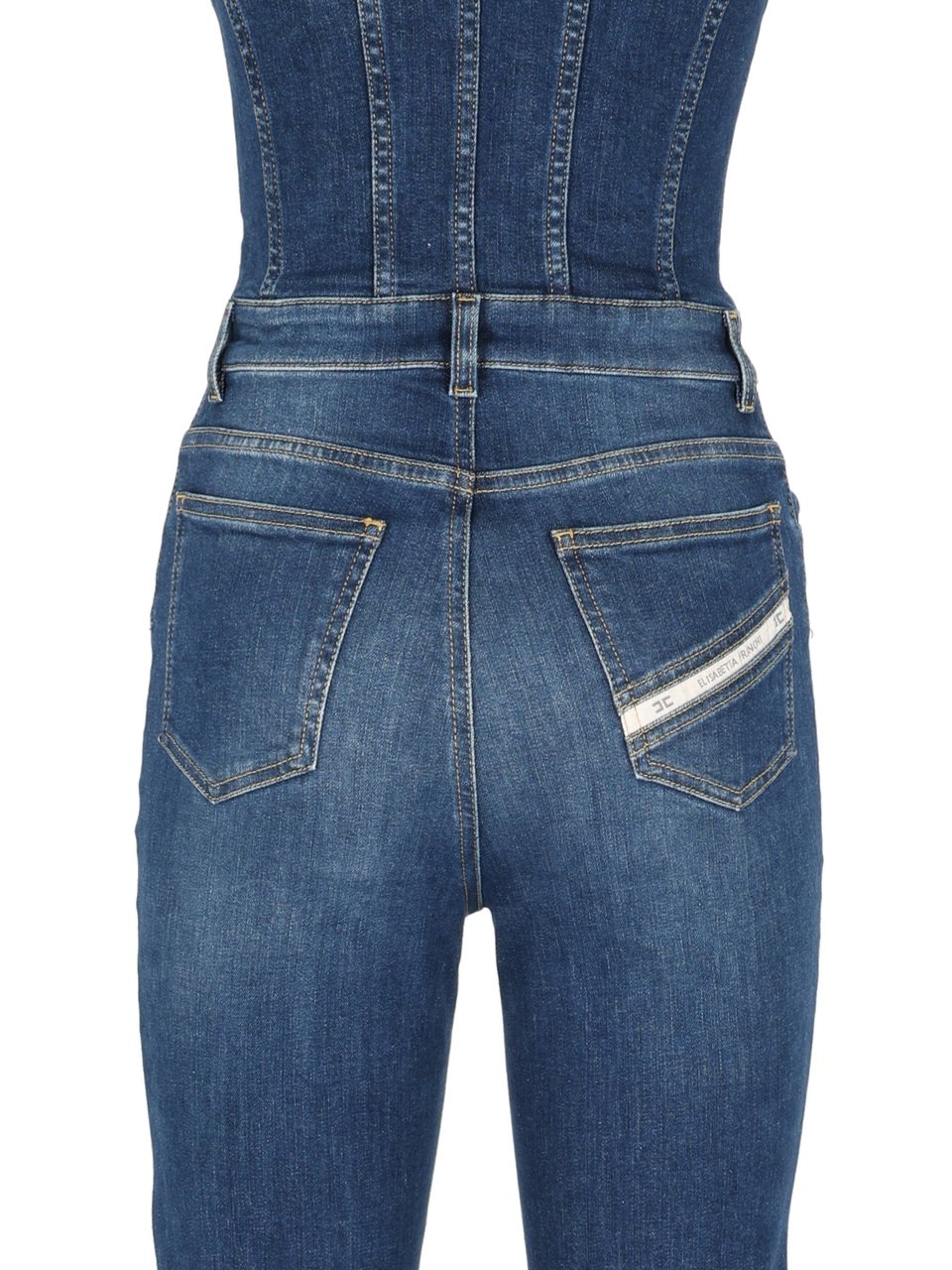 Elisabetta Franchi Fitted Bodice Ruched Denim Jumpsuit Groen