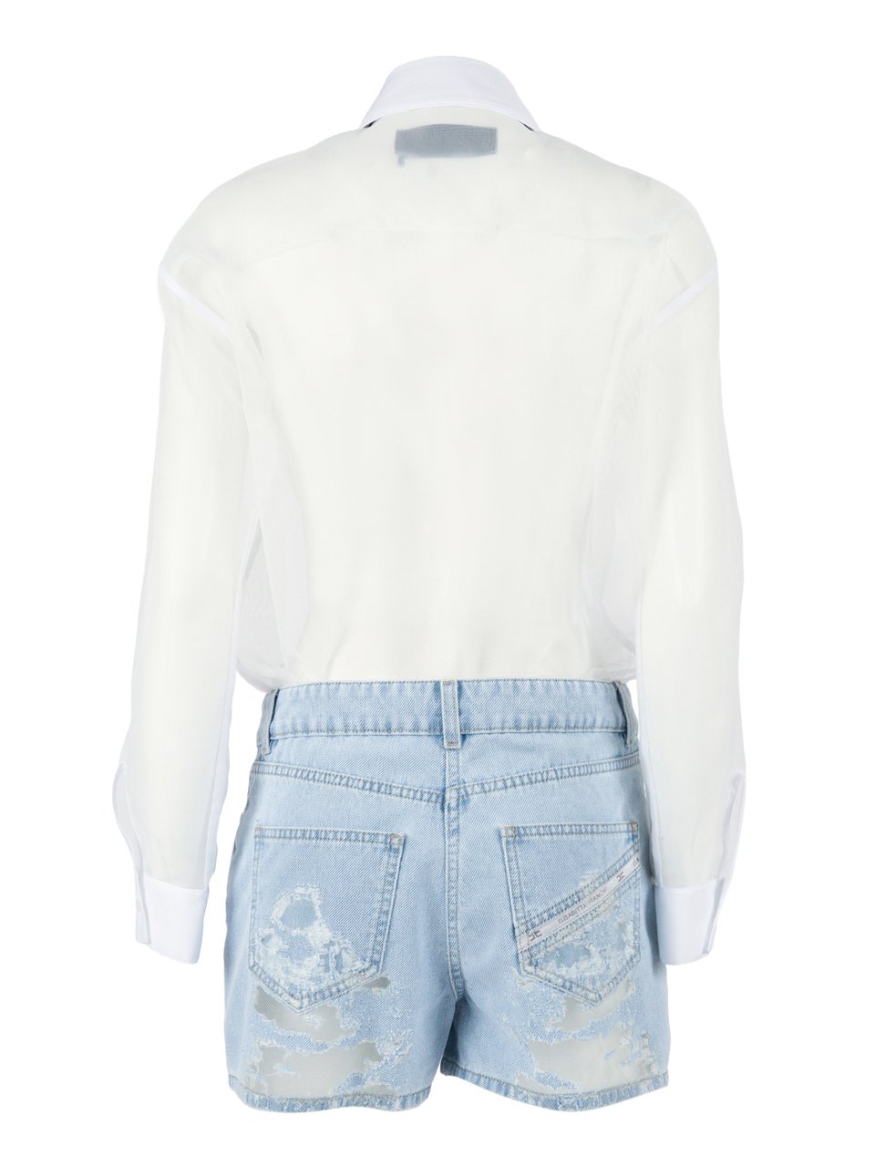 Elisabetta Franchi White Blouse Distressed Denim Jumpsuit Wit
