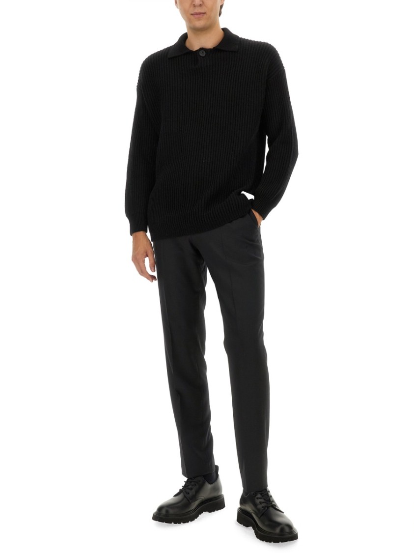 Emporio Armani Ribbed Wool Jersey With Classic Collar Zwart