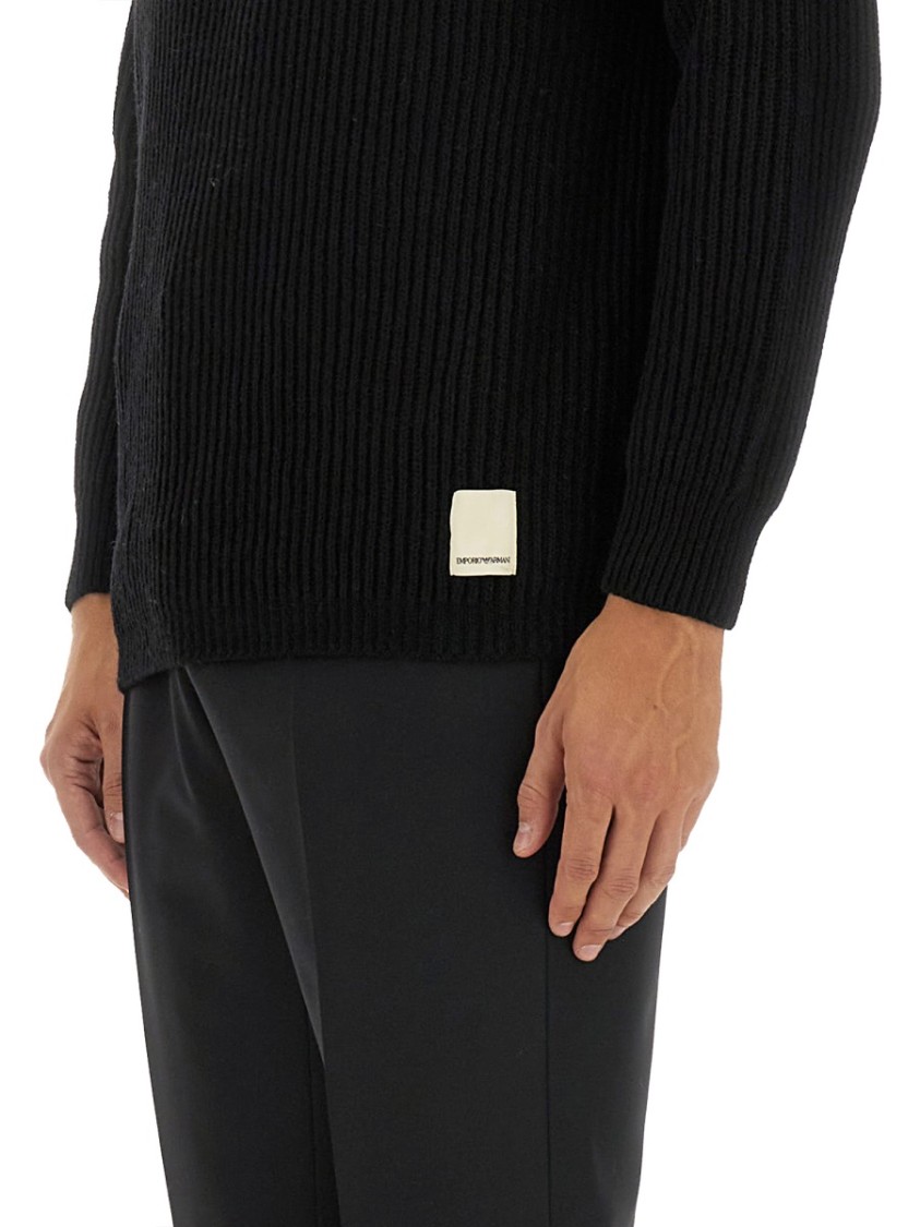 Emporio Armani Ribbed Wool Jersey With Classic Collar Zwart
