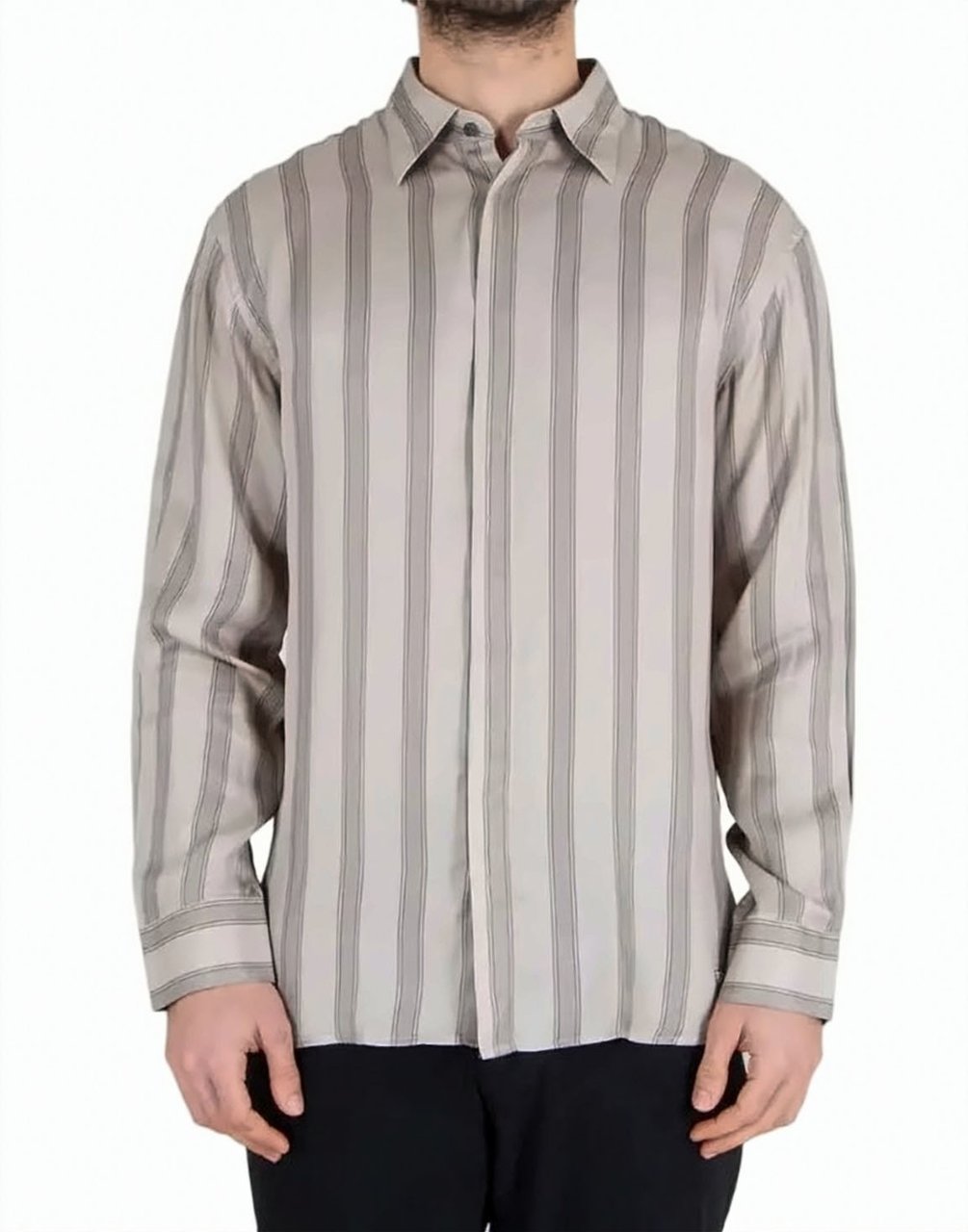 Emporio Armani Striped Flowing Viscose Classic Collar Shirt Neutraal