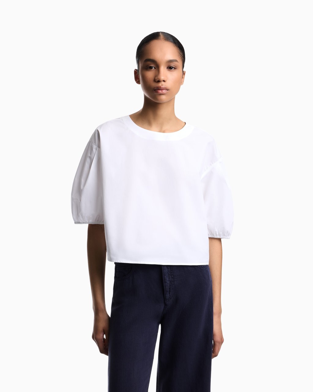 Emporio Armani Poplin Puffed Sleeves Round Neck Blouse Wit