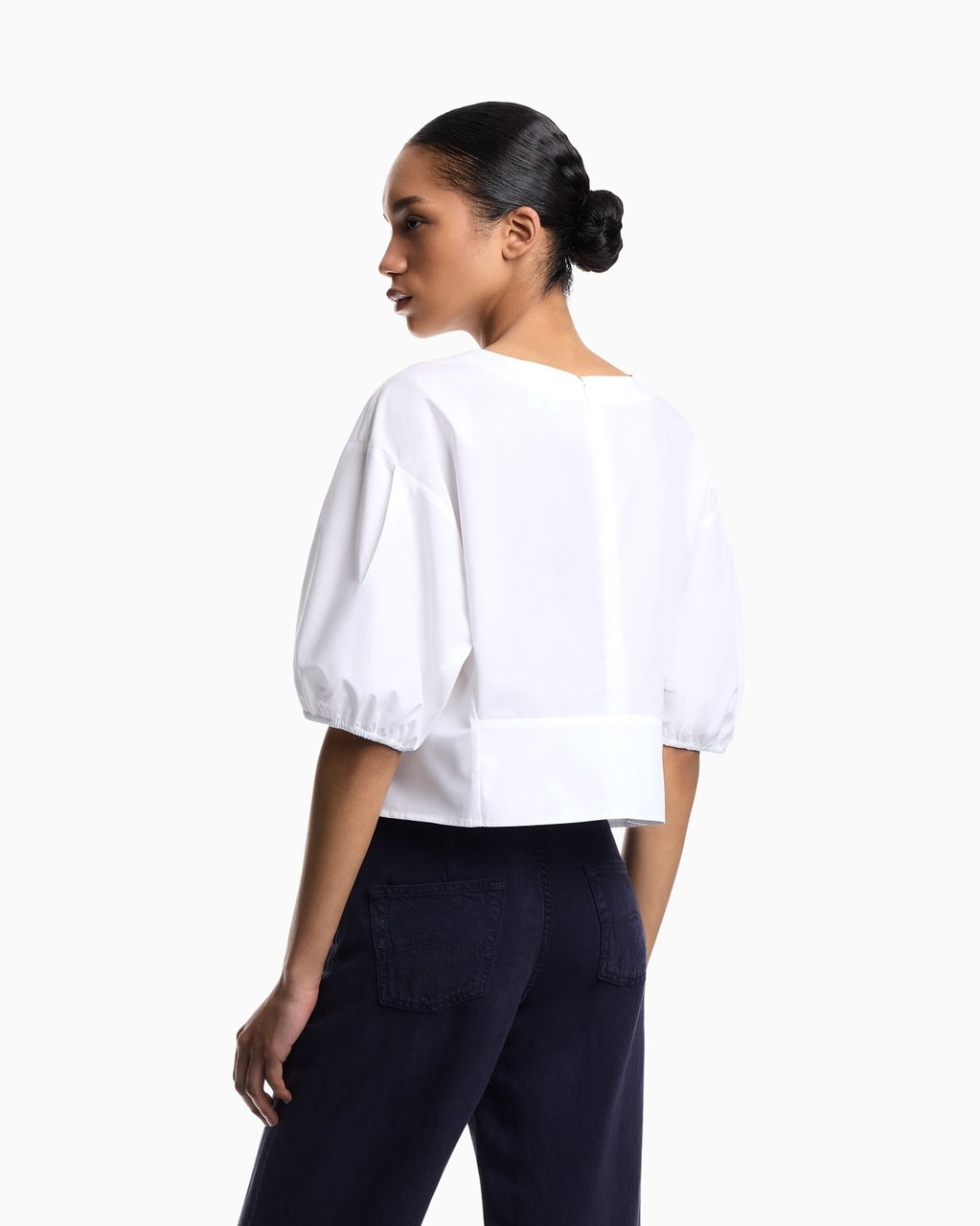 Emporio Armani Poplin Puffed Sleeves Round Neck Blouse Wit