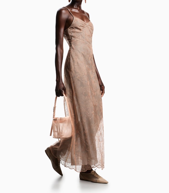 Emporio Armani Long Embroidered Tulle V Neck Dress Roze
