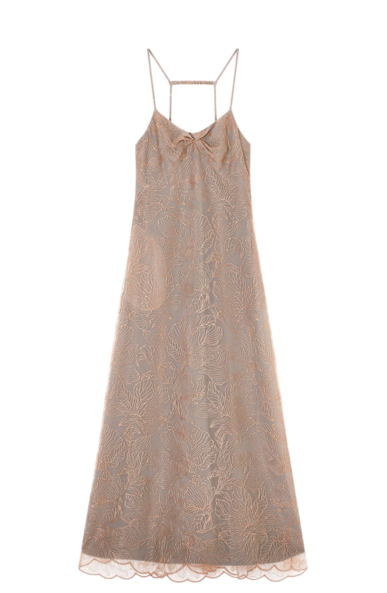 Emporio Armani Long Embroidered Tulle V Neck Dress Roze