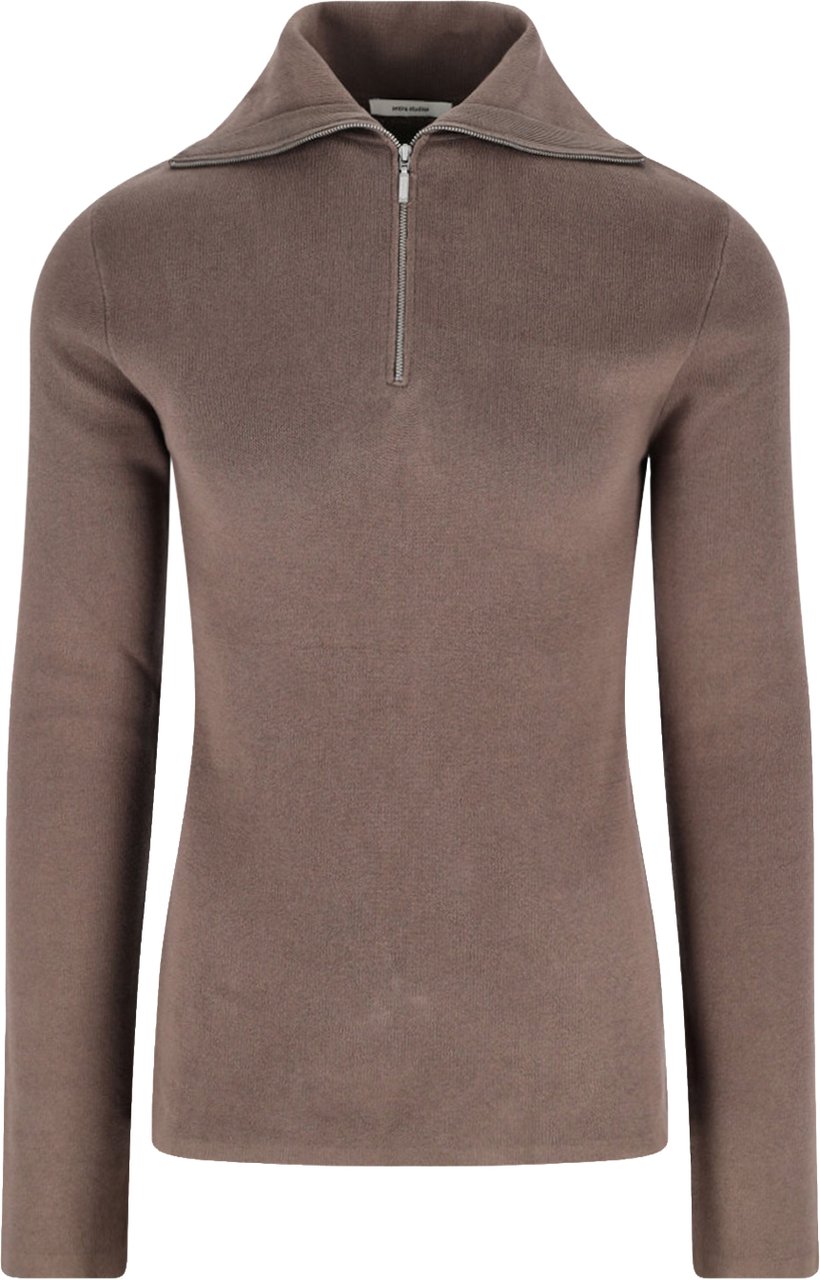 Entire Studios High-Collar Brown Cotton Zip Sweater Bruin
