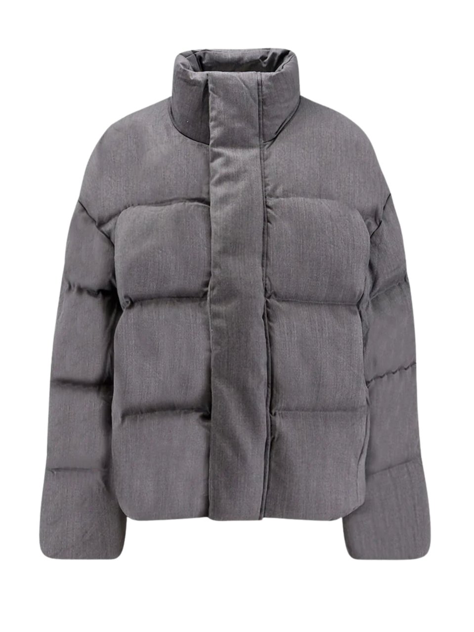 Entire Studios Boxy Cropped Grey Down Jacket With Concealed Closure And Textured Fabric Grijs