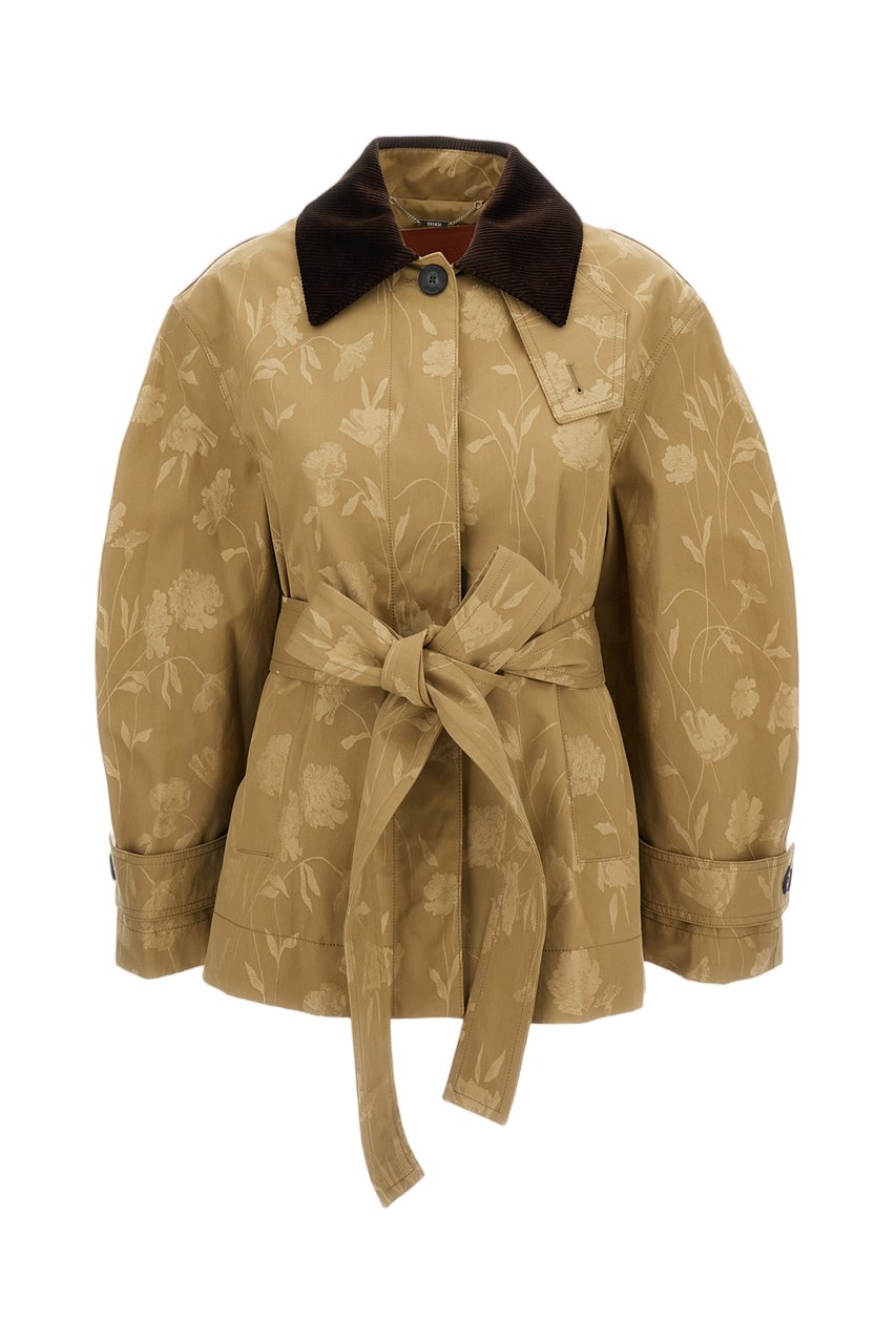 Erdem Poppy Design Cotton Jacquard Oversize Jacket with Curved Sleeves Bruin