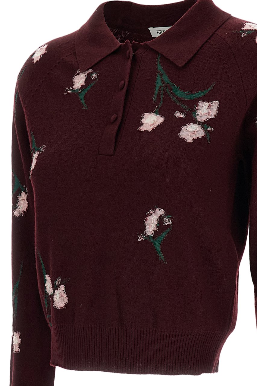 Erdem Polo-Style Merino Wool Jumper with Reverse Intarsia Floral Pattern Maroon