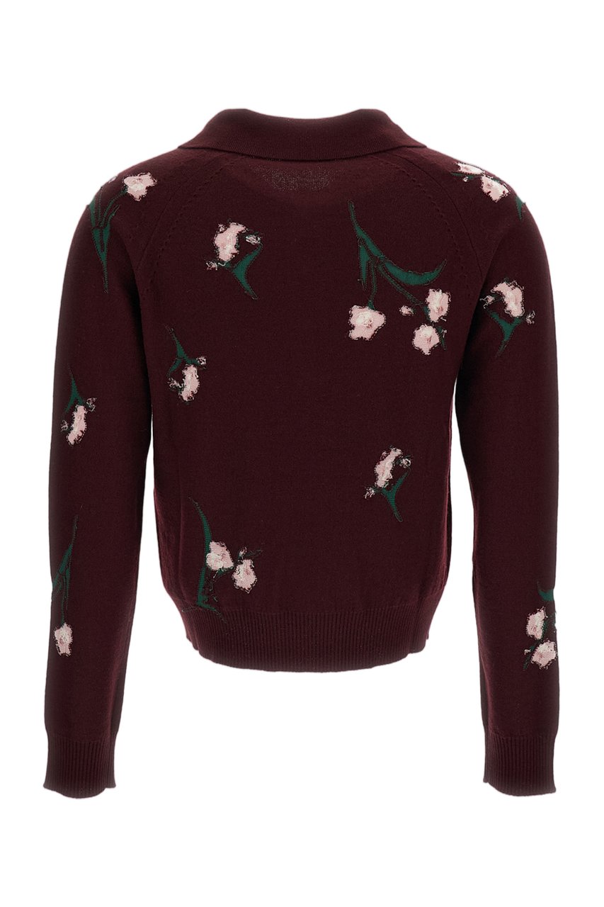 Erdem Polo-Style Merino Wool Jumper with Reverse Intarsia Floral Pattern Maroon