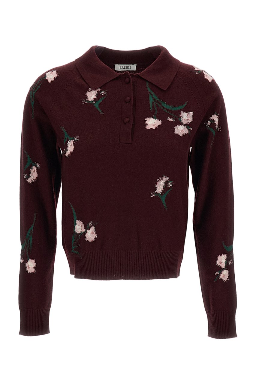 Erdem Polo-Style Merino Wool Jumper with Reverse Intarsia Floral Pattern Maroon