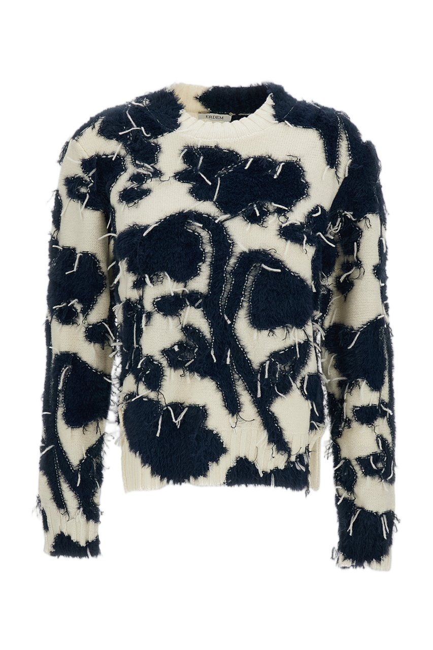 Erdem Textured Floral Knit Jumper with Cropped Silhouette and Cutaway Side Split Neutraal