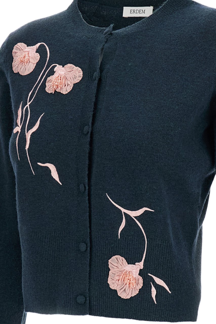 Erdem Floral-Embroidered Fitted Cardigan in Wool-Cashmere Blend Groen