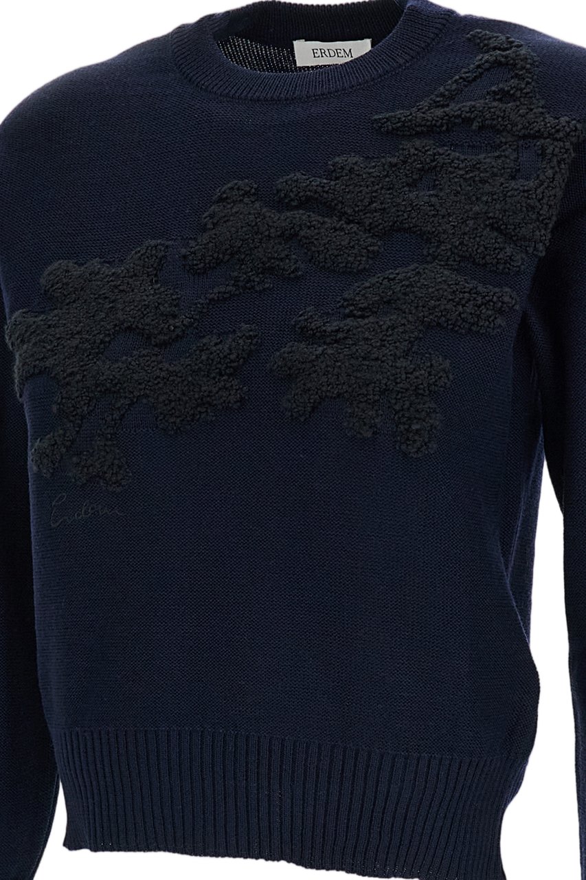 Erdem Cropped Crewneck Jumper in Extra Fine Merino Wool with Jacquard Floral Motifs Blauw