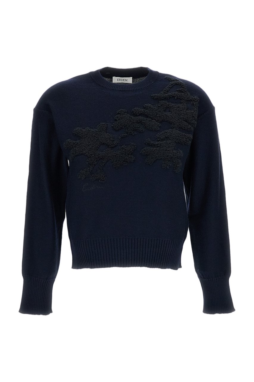 Erdem Cropped Crewneck Jumper in Extra Fine Merino Wool with Jacquard Floral Motifs Blauw