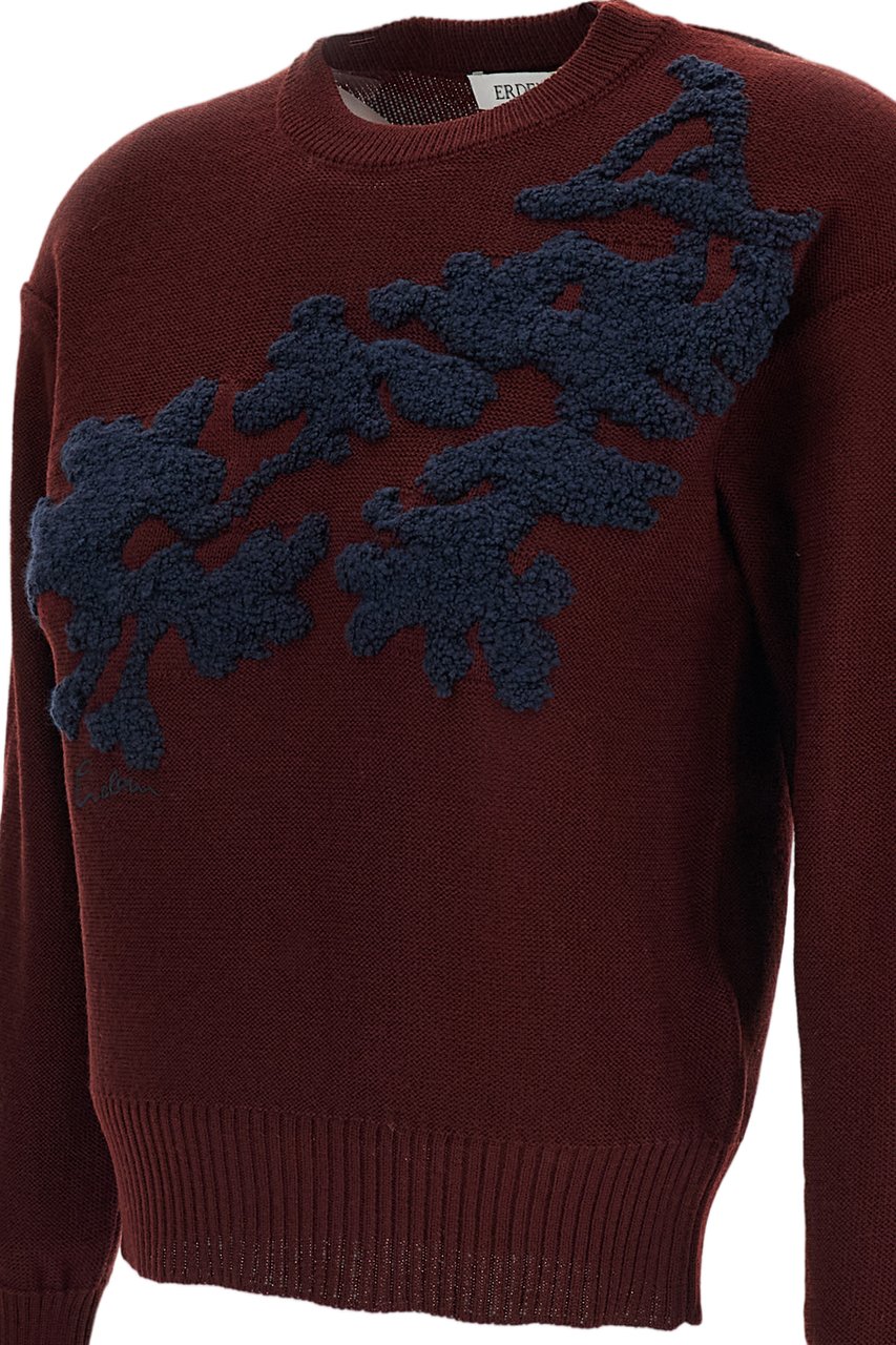 Erdem Cropped Crewneck Sweater with Jacquard Floral Motifs Maroon