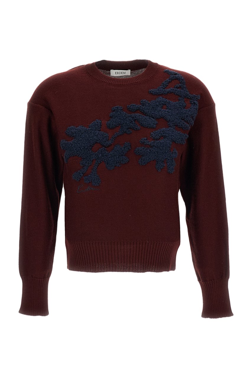 Erdem Cropped Crewneck Sweater with Jacquard Floral Motifs Maroon