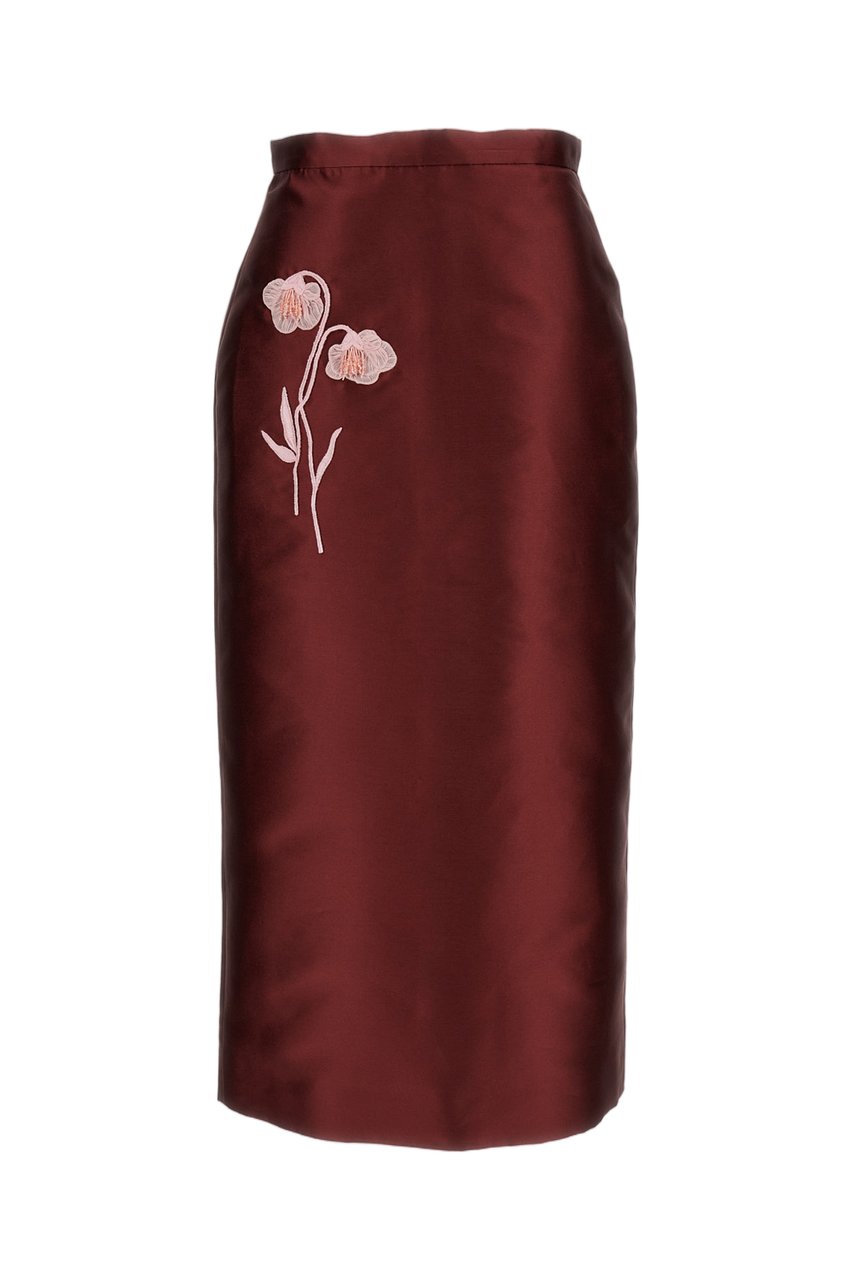Erdem Burgundy Embroidered Mikado Midi Skirt Maroon