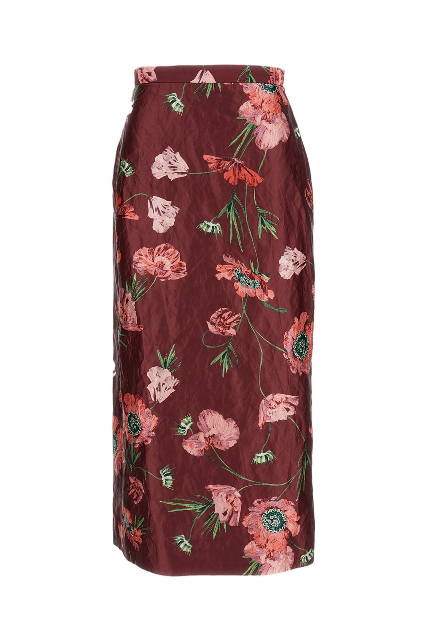 Erdem Ruby Red Floral Satin Skirt Maroon