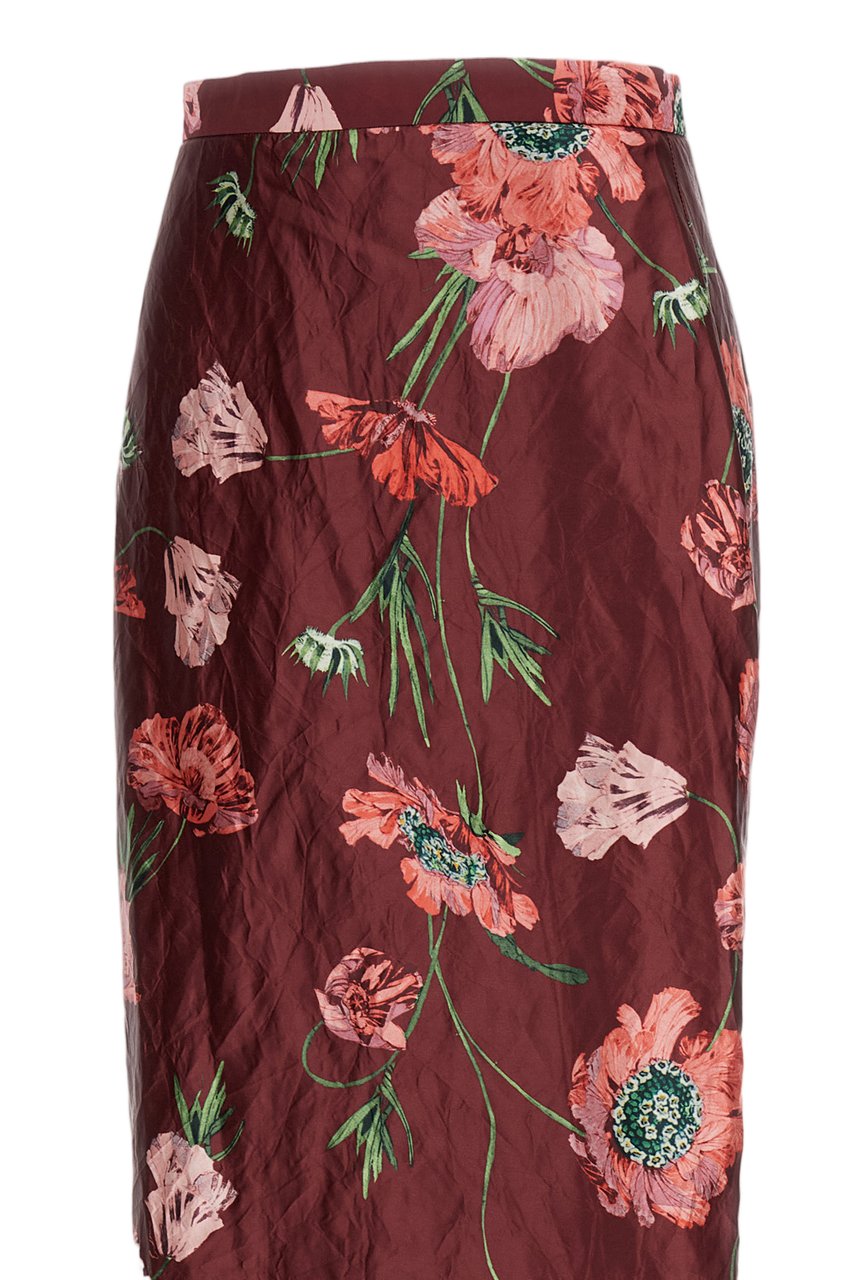 Erdem Ruby Red Floral Satin Skirt Maroon
