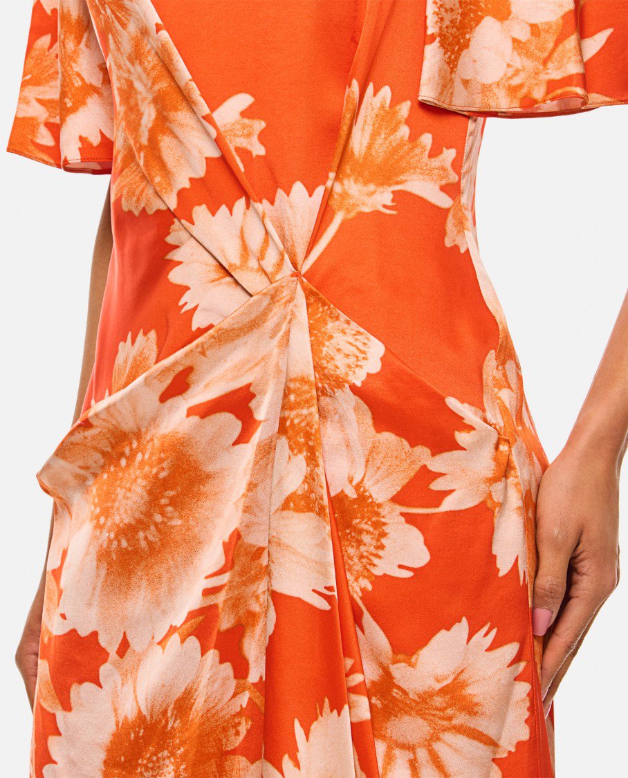 Erdem Floral Draped Midi Dress With Gathered Waist Detail Oranje