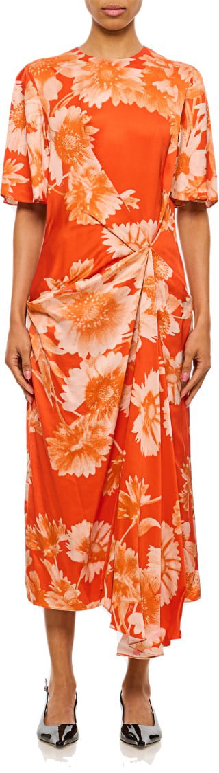 Erdem Floral Draped Midi Dress With Gathered Waist Detail Oranje