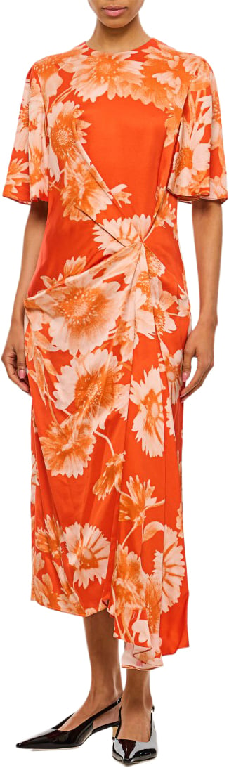 Erdem Floral Draped Midi Dress With Gathered Waist Detail Oranje