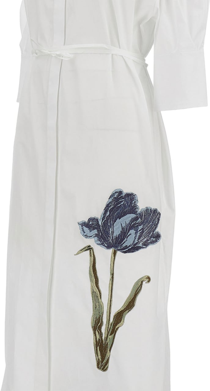 Erdem White Cotton Poplin Midi Dress with Tulip Embroidery Wit