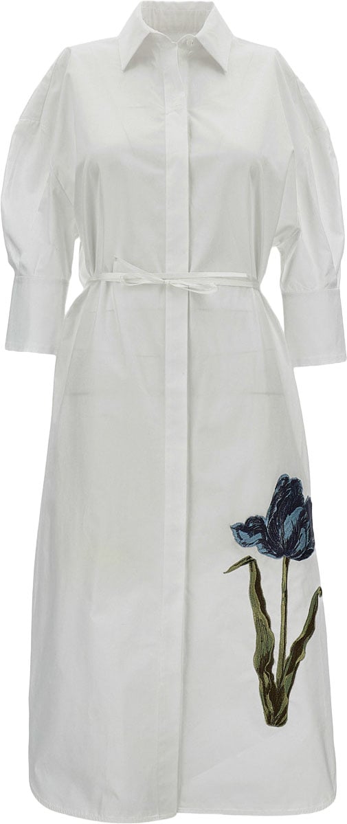 Erdem White Cotton Poplin Midi Dress with Tulip Embroidery Wit