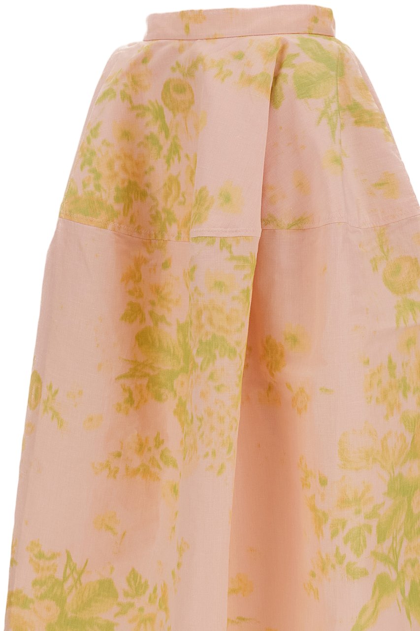 Erdem Floral Print Linen Chine Midi Full Skirt Roze