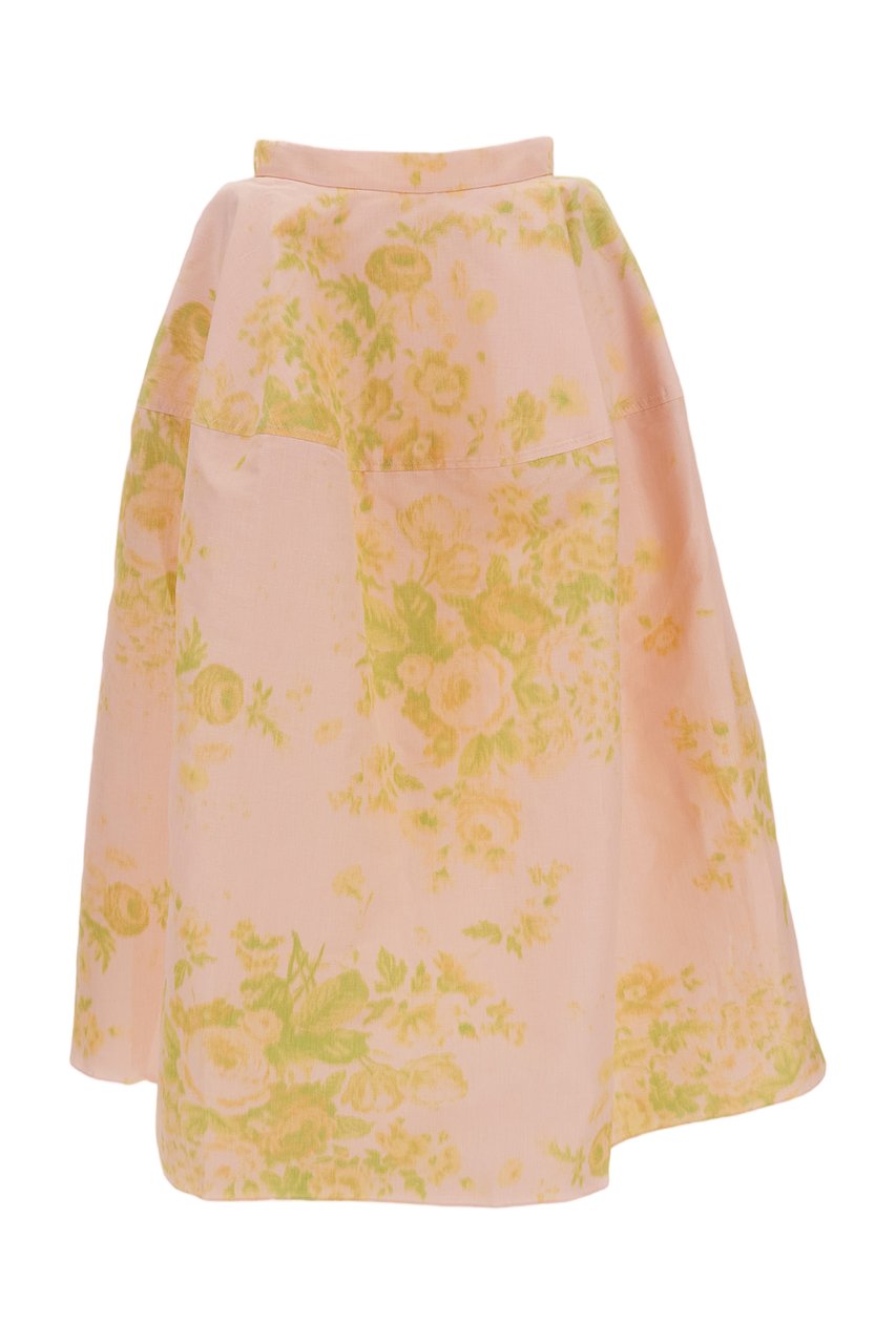 Erdem Floral Print Linen Chine Midi Full Skirt Roze