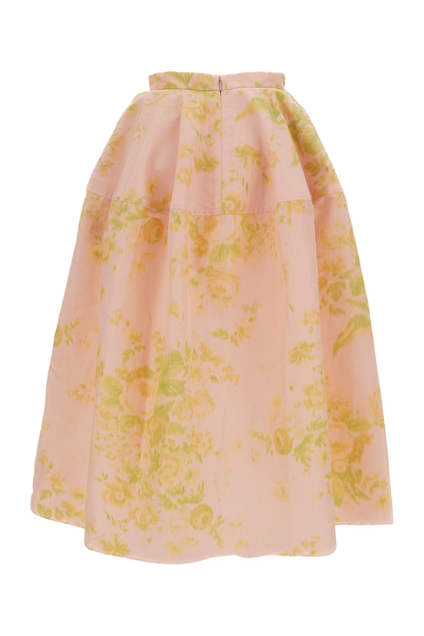 Erdem Floral Print Linen Chine Midi Full Skirt Roze