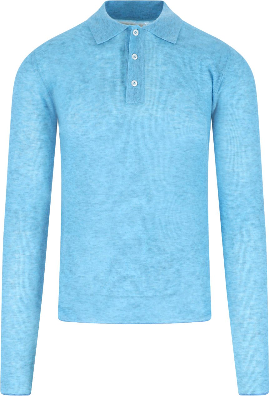 ERL Heathered Blue Long Sleeve Polo Shirt Blauw