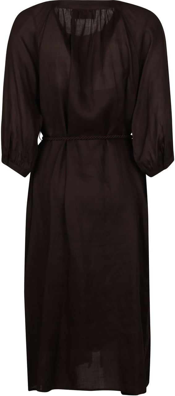 Ermanno Firenze Three-quarter Sleeves Embroidered Belted Dress Brown Bruin