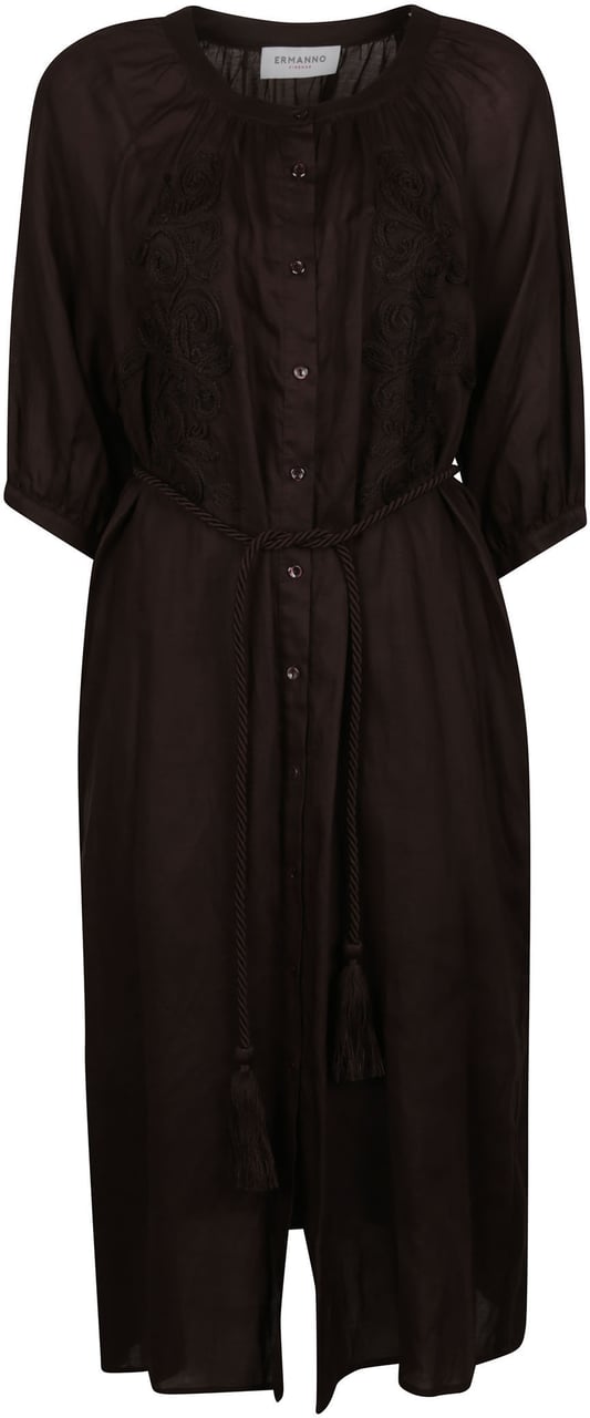 Ermanno Firenze Three-quarter Sleeves Embroidered Belted Dress Brown Bruin