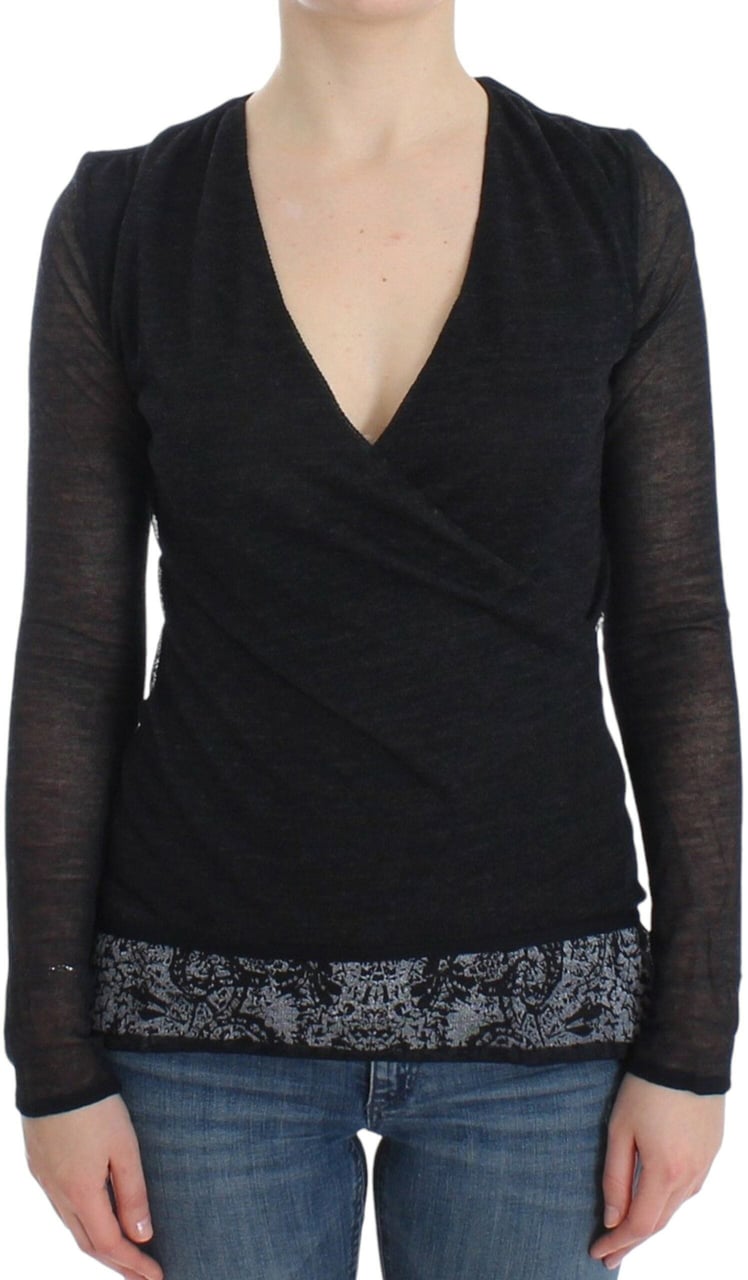 Ermanno Scervino Black Wool Blend Stretch Long Sleeve Sweater Zwart