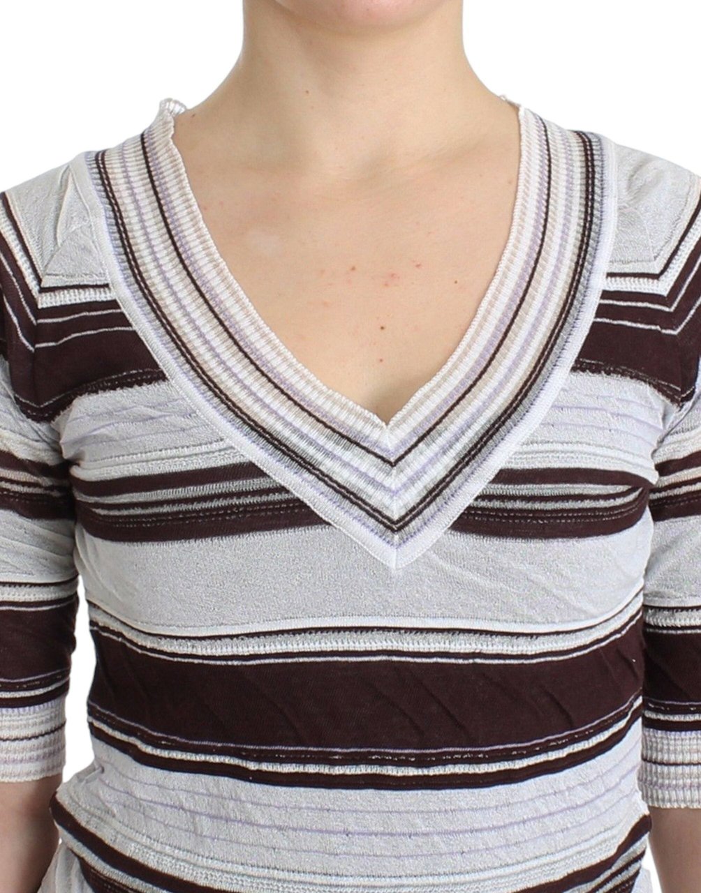 Ermanno Scervino Striped Lace V-Neck Short Sleeve Top Sweater Bruin